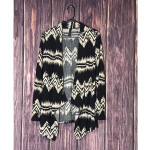YETTS Cardigan Sweater Womens M Black Cream Zigzag Open Front Knit Lightweight